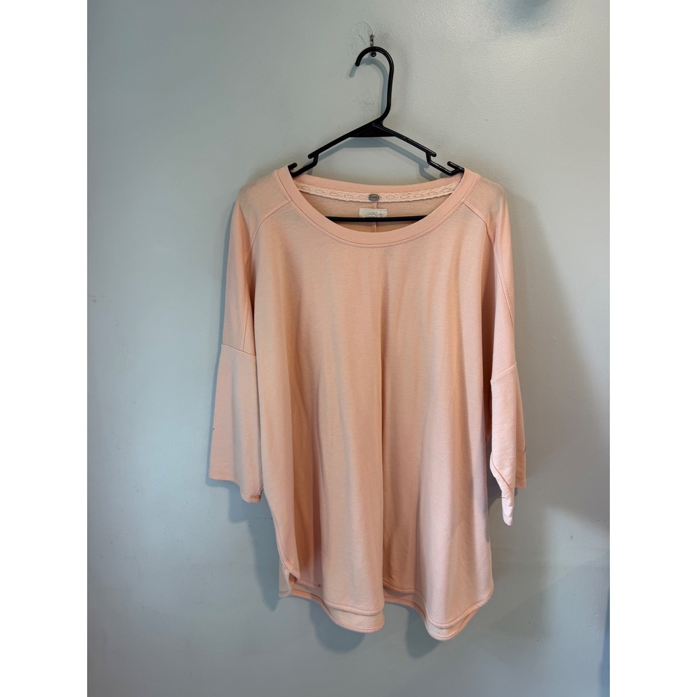 Cupio Woman Peach Pink Dolman Sleeve Oversized Knit Top Lace Trim 1X 1442